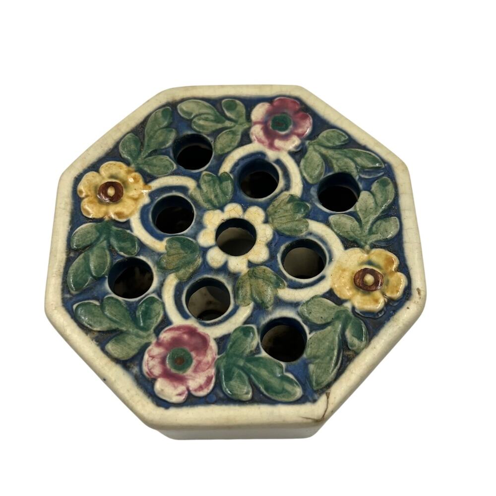 Antique Weller Ware Ceramic Florala 9 Hole Flower‎ Frog Vase RARE 1920's FLAW